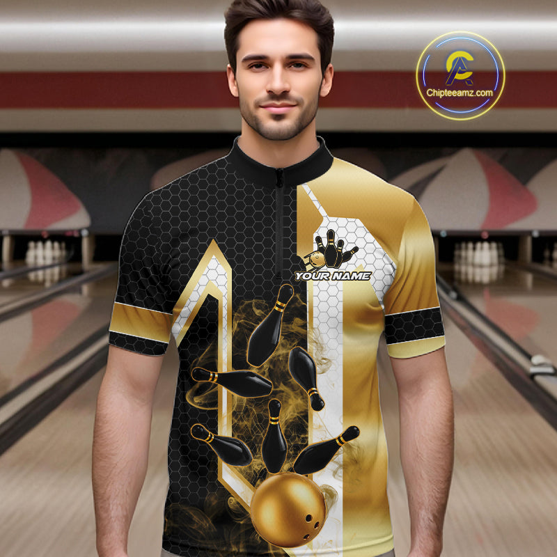 Man wearing a black and gold smoke bowling pin quarter zip bowling shirt front view, personalized bowling team apparel.