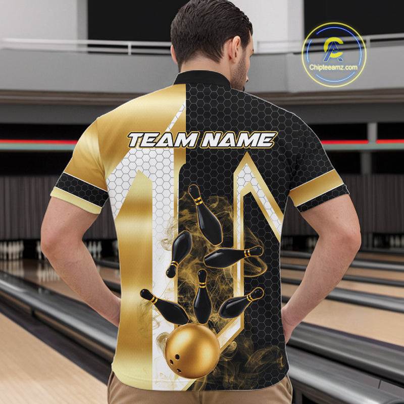 Back view of man wearing a black and gold smoke bowling pin quarter zip bowling shirt, bowling league team uniform.