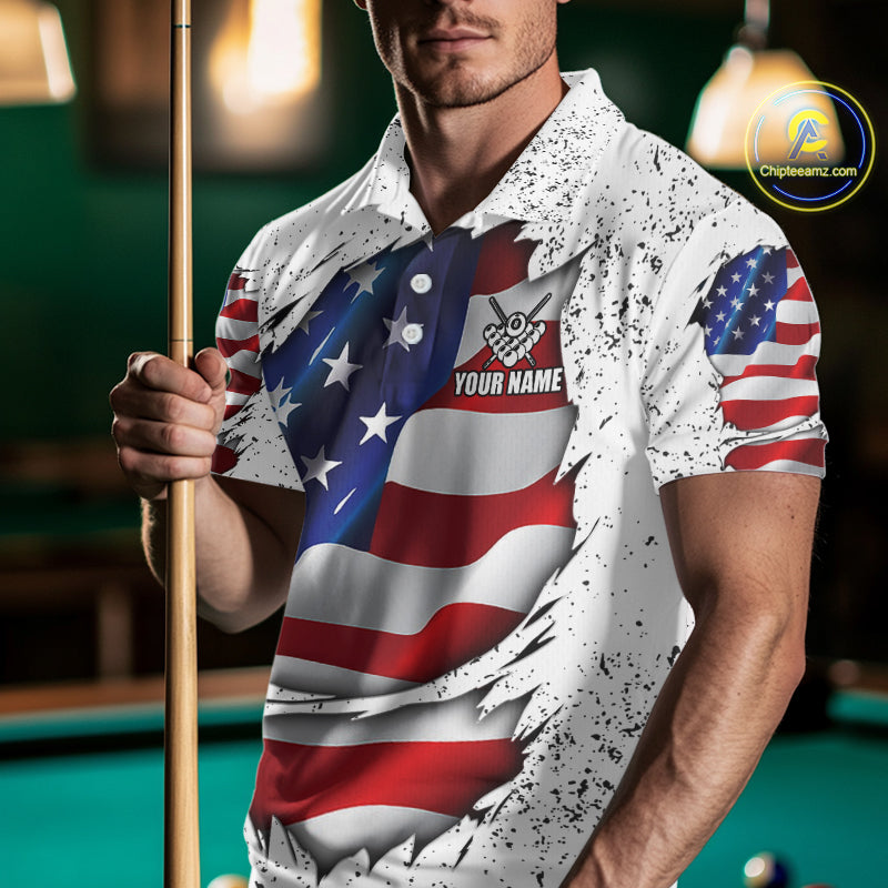 Man wearing a white grunge American flag 8 ball custom billiard jersey front view, personalized pool team shirt.