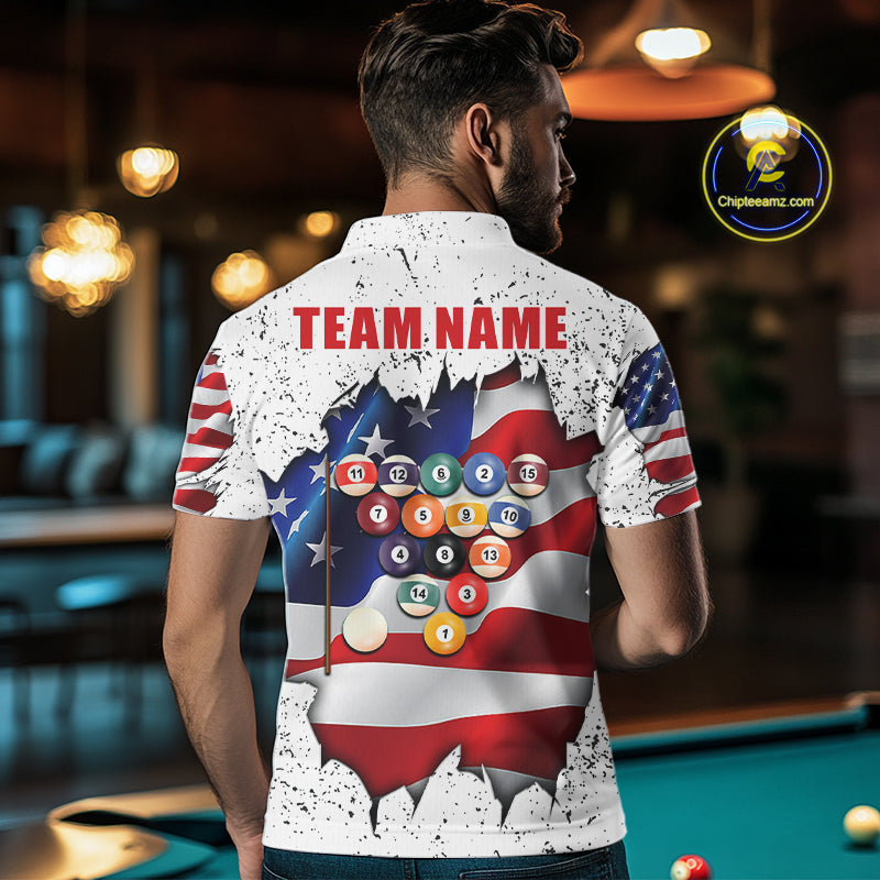 Back view of man wearing a white grunge American flag 8 ball billiard team jersey, custom pool tournament shirt.