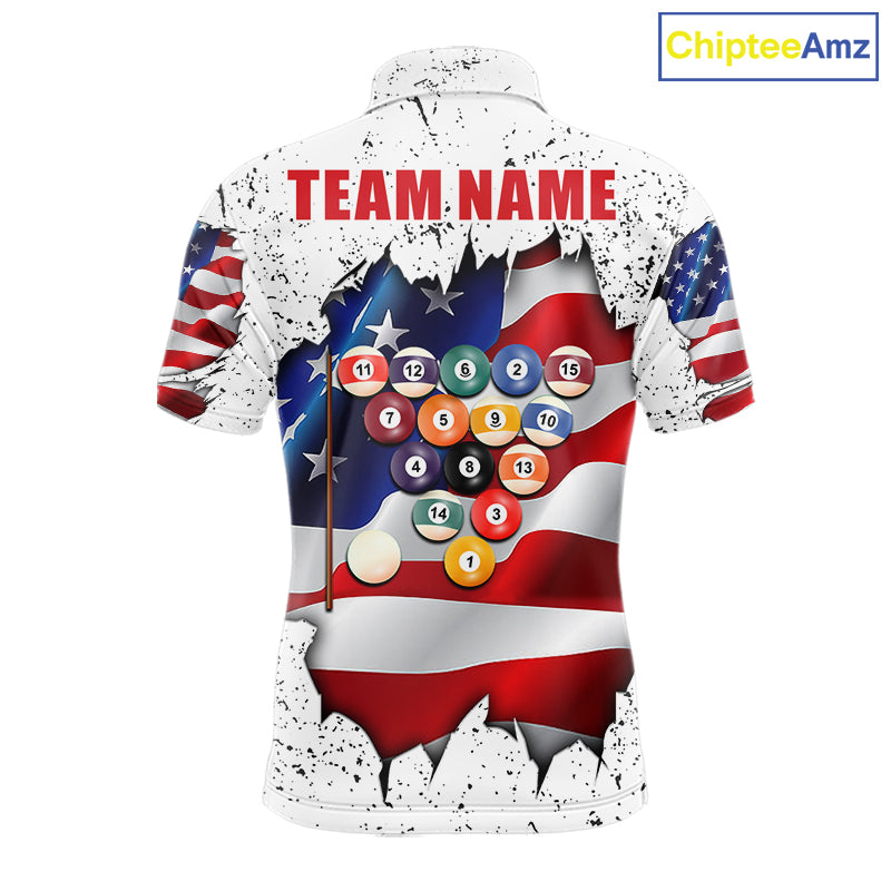White grunge American flag 8 ball pool team polo shirt with custom billiard graphics, personalized billiard team jersey.