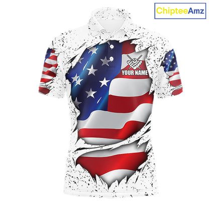 White grunge American flag 8 ball custom billiard polo shirt for men, personalized pool team jersey for tournaments.
