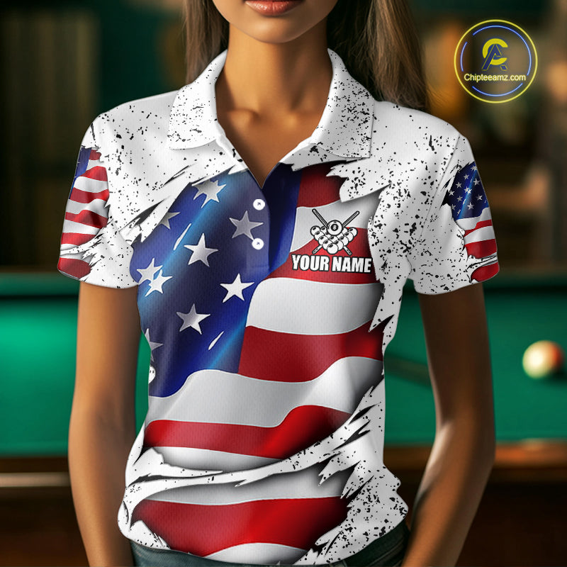Woman wearing a white grunge American flag 8 ball custom billiard jersey front view, personalized pool team shirt.