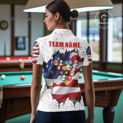 Back view of woman wearing a white grunge American flag 8 ball billiard team jersey, custom pool tournament shirt.
