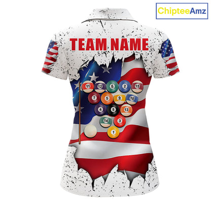 White grunge American flag 8 ball pool team polo shirt with custom billiard graphics, personalized billiard team jersey.