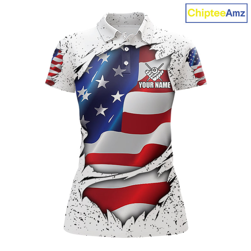 White grunge American flag 8 ball custom billiard polo shirt for women, personalized pool team jersey for tournaments.
