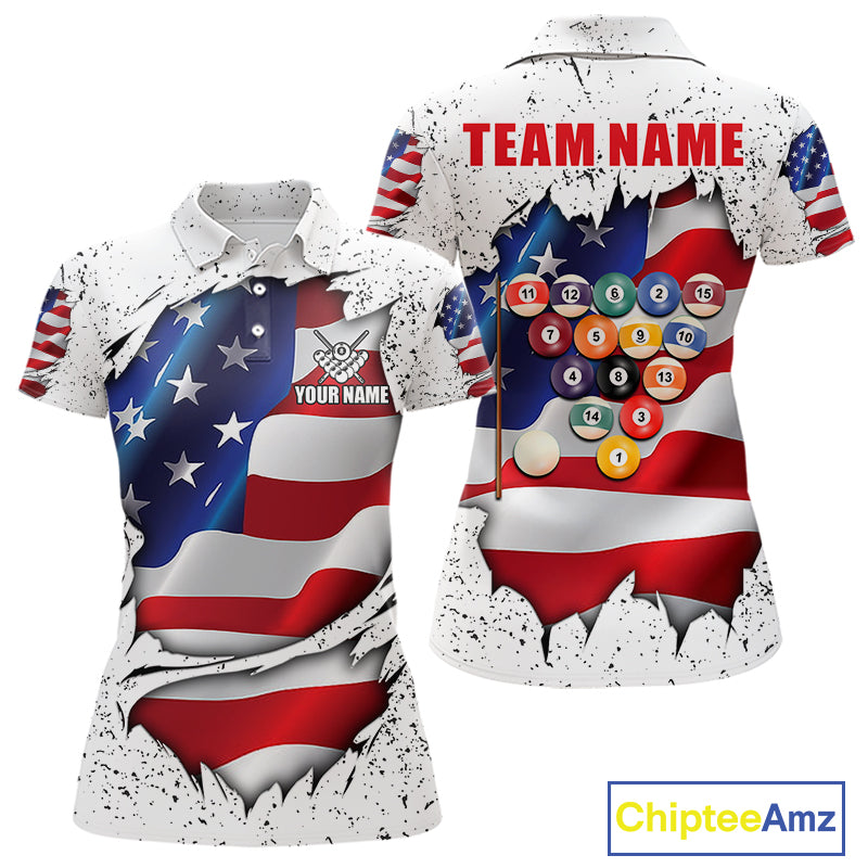 White grunge American flag 8 ball custom billiard polo shirt for women, personalized pool team jersey for tournaments.