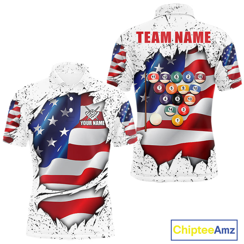 White grunge American flag 8 ball custom billiard polo shirt for men, personalized pool team jersey for tournaments.