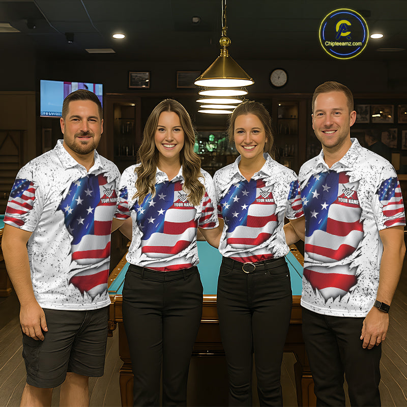 Pool team wearing matching white grunge American flag 8 ball custom billiard jerseys during tournament competition front view.