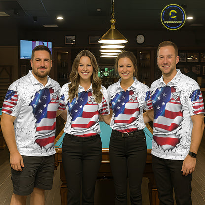Pool team wearing matching white grunge American flag 8 ball custom billiard jerseys during tournament competition front view.