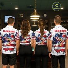 Load image into Gallery viewer, Back view of pool players wearing matching white grunge American flag 8 ball billiard team shirts and custom pool jerseys.