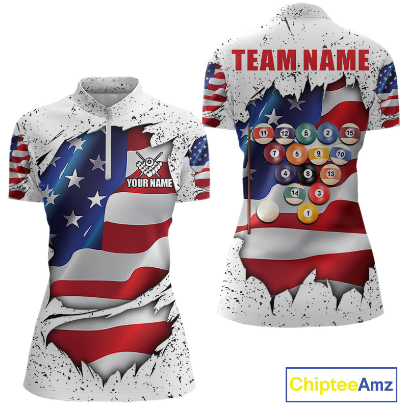 White grunge American flag 8 ball quarter zip billiard shirt for women, custom pool team jersey and tournament apparel.