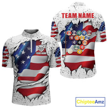 Load image into Gallery viewer, White grunge American flag 8 ball quarter zip billiard shirt for men, custom pool team jersey and tournament apparel.