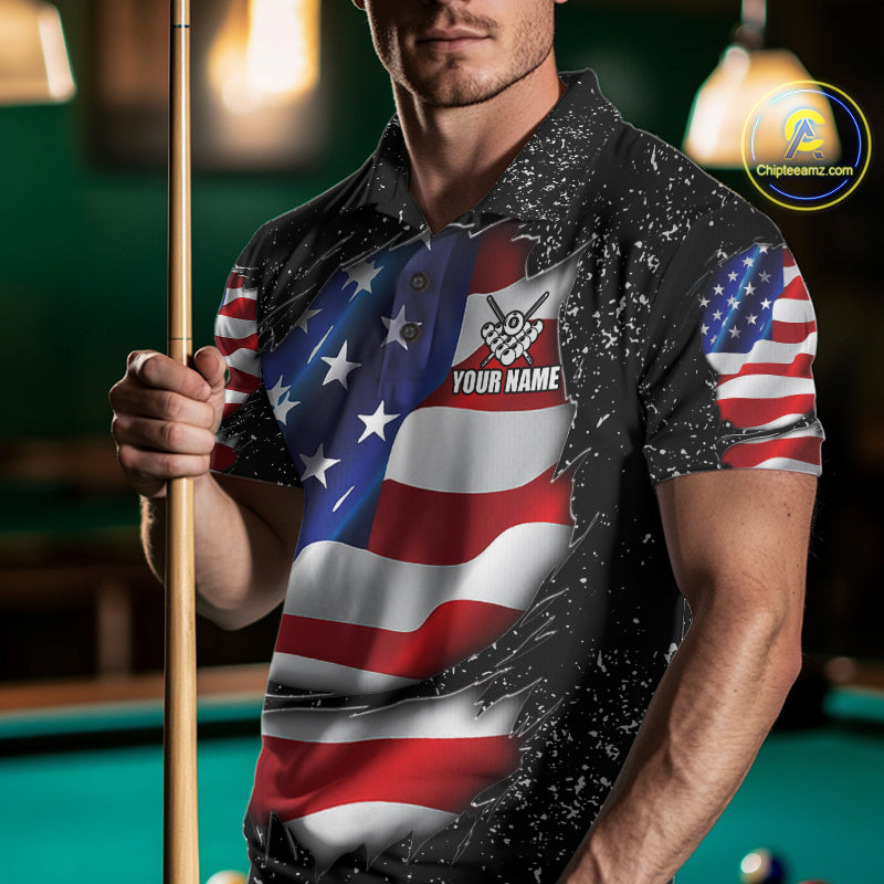Man wearing a black grunge American flag 8 ball custom billiard jersey front view, personalized pool team shirt.
