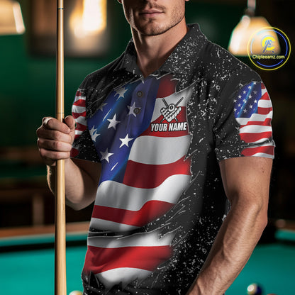 Man wearing a black grunge American flag 8 ball custom billiard jersey front view, personalized pool team shirt.