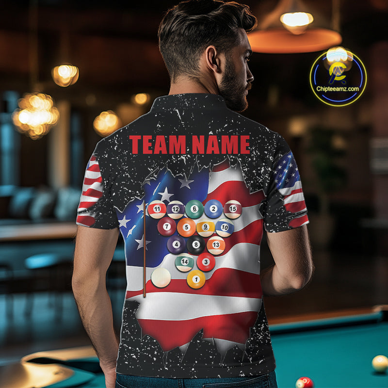 Back view of man wearing a black grunge American flag 8 ball billiard team jersey, custom pool tournament shirt.