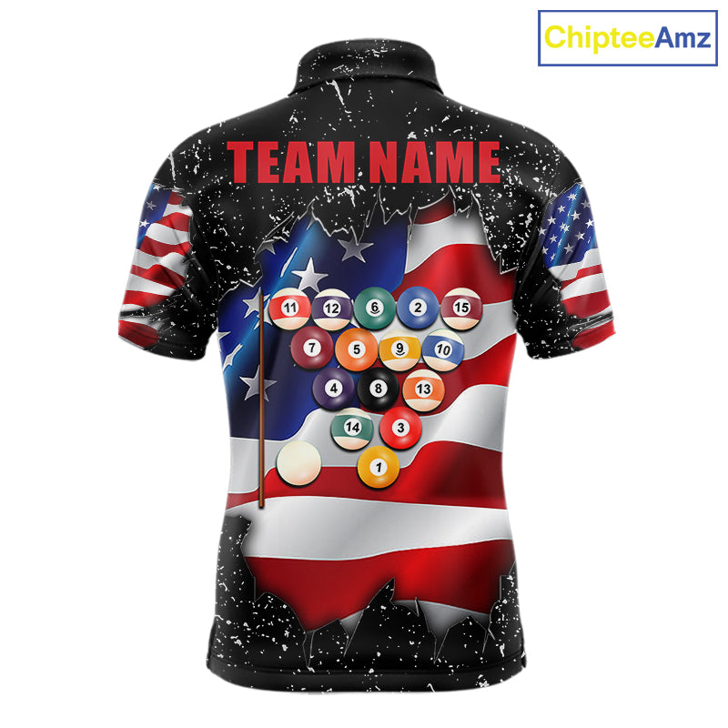 Black grunge American flag 8 ball pool team polo shirt with custom billiard graphics, personalized billiard team jersey.