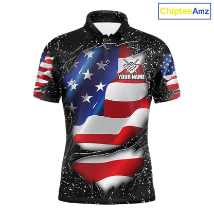 Black grunge American flag 8 ball custom billiard polo shirt for men, personalized pool team jersey for tournaments.