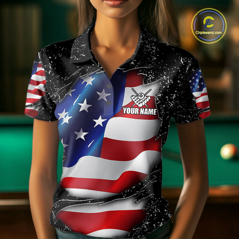 Woman wearing a black grunge American flag 8 ball custom billiard jersey front view, personalized pool team shirt.