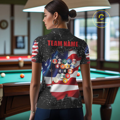 Back view of woman wearing a black grunge American flag 8 ball billiard team jersey, custom pool tournament shirt.