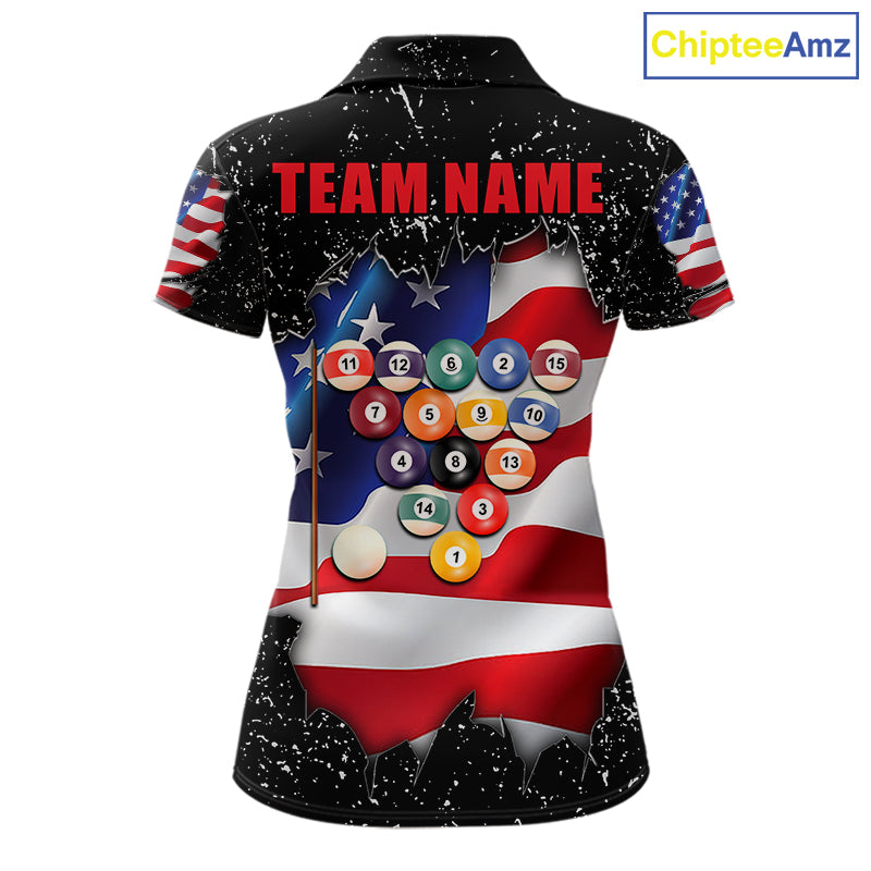 Black grunge American flag 8 ball pool team polo shirt with custom billiard graphics, personalized billiard team jersey.