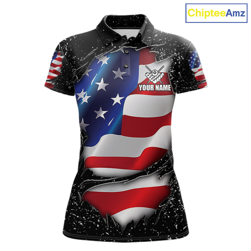 Black grunge American flag 8 ball custom billiard polo shirt for women, personalized pool team jersey for tournaments.