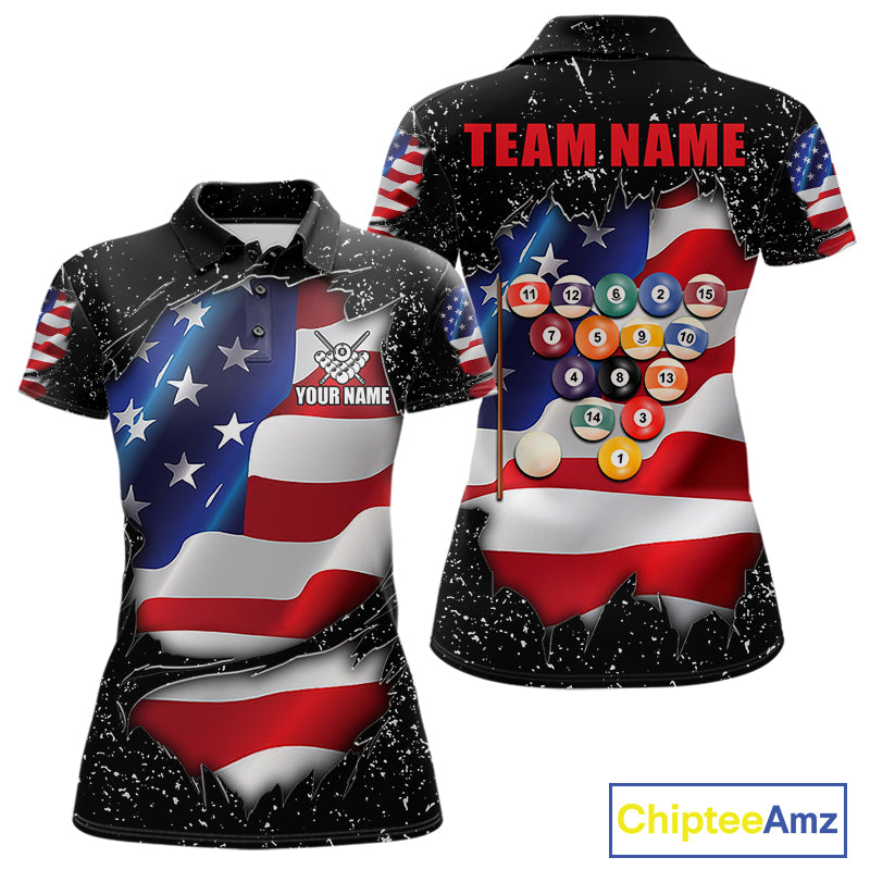 Black grunge American flag 8 ball custom billiard polo shirt for women, personalized pool team jersey for tournaments.