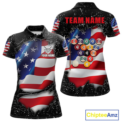 Black grunge American flag 8 ball custom billiard polo shirt for women, personalized pool team jersey for tournaments.