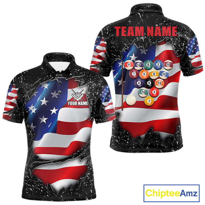 Black grunge American flag 8 ball custom billiard polo shirt for men, personalized pool team jersey for tournaments.