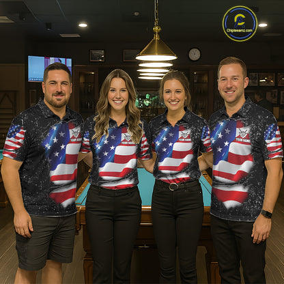 Pool team wearing matching black grunge American flag 8 ball custom billiard jerseys during tournament competition front view.