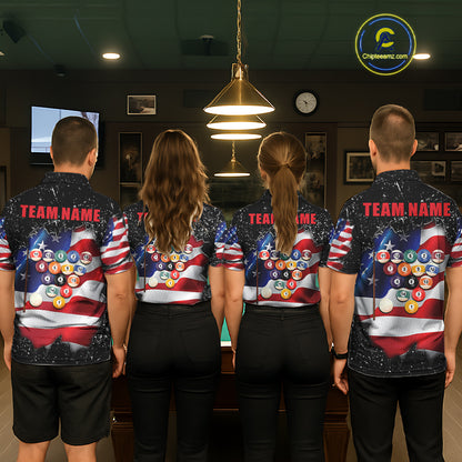 Back view of pool players wearing matching black grunge American flag 8 ball billiard team shirts and custom pool jerseys.