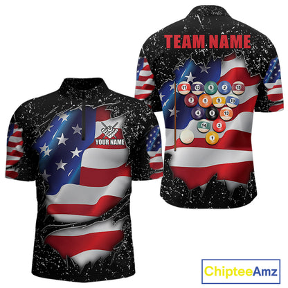 Black grunge American flag 8 ball quarter zip billiard shirt for men, custom pool team jersey and tournament apparel.