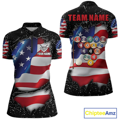Black grunge American flag 8 ball quarter zip billiard shirt for women, custom pool team jersey and tournament apparel.