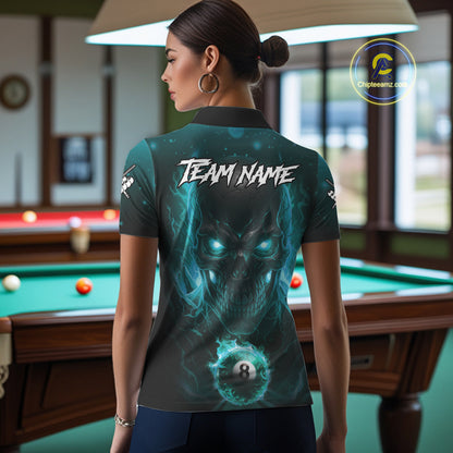 Personalized Turquoise Billiard Skull Fire 8 Ball Pool Shirt For Women Custom Billiard Team Jersey TDM5080