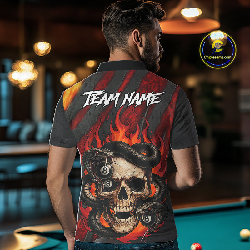 Personalized Skull And Snakes Flame Billiard Shirt For Men Custom 8 Ball Pool Team Jersey |Red TDM5084