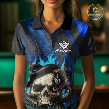 Personalized Skull And Snakes Flame Billiard Shirt For Women Custom 8 Ball Pool Team Jersey |Blue TDM5085