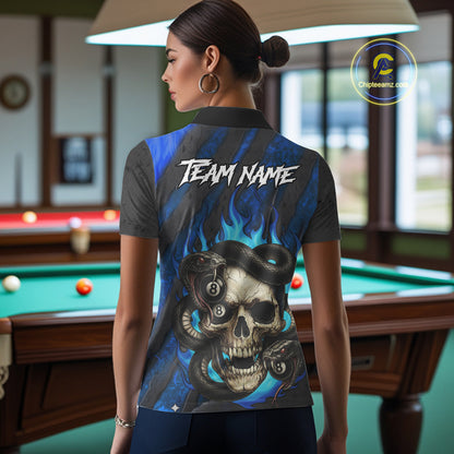 Personalized Skull And Snakes Flame Billiard Shirt For Women Custom 8 Ball Pool Team Jersey |Blue TDM5085