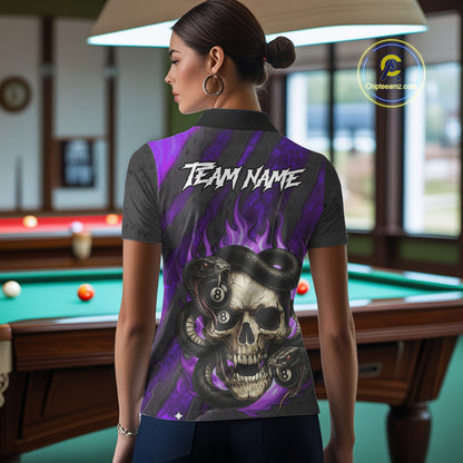 Personalized Skull And Snakes Flame Billiard Shirt For Women Custom 8 Ball Pool Team Jersey |Purple TDM5086