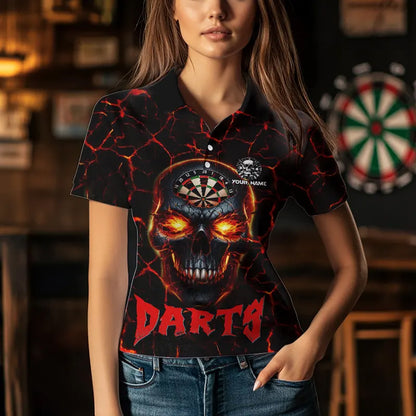 Personalized Red Dartboard Skull Fire Crack Dart Shirts Polo & 1/4 Zip For Women Custom Dart Jerseys TDM3641