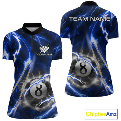 Blue 8 Ball Thunder Lightning Billiard Shirt For Women Custom Pool Team Jersey Polo & Quarter Zip TDM6170