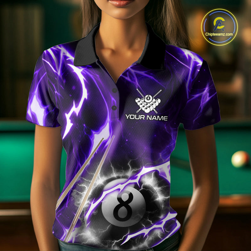 Purple 8 Ball Thunder Lightning Billiard Shirt For Women Custom Pool Team Jersey Polo & Quarter Zip TDM6171