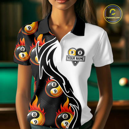 Custom Flame 8 Ball 9 Ball Billiard Shirt For Women, Billiard Pool Team Jersey Polo & 1/4 Zip Shirt TDM6175