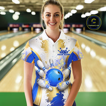 Load image into Gallery viewer, Bowling Ball Splatter Custom White, Blue &amp; Gold Women's Bowling Shirt, Bowling Jersey Polo &amp; 1/4 Zip TDM6178