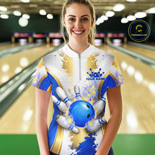 Load image into Gallery viewer, Bowling Ball Splatter Custom White, Blue &amp; Gold Women's Bowling Shirt, Bowling Jersey Polo &amp; 1/4 Zip TDM6178
