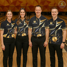 Load image into Gallery viewer, Bowling team wearing matching black and gold bowling ball custom bowling jerseys front view.