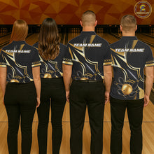 Load image into Gallery viewer, Back view of bowling team wearing matching black and gold bowling league jerseys.