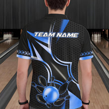 Load image into Gallery viewer, Back view of man wearing a black and blue bowling ball bowling polo shirt, custom bowling team jersey design.
