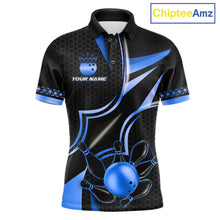 Load image into Gallery viewer, Black and blue bowling ball custom bowling polo shirt for men, personalized bowling team jersey for league tournaments.