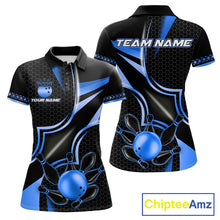 Load image into Gallery viewer, Black and blue bowling ball bowling team polo shirt for women with custom league graphics.