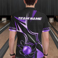 Load image into Gallery viewer, Back view of man wearing a black and purple bowling polo shirt, custom bowling team jersey design.